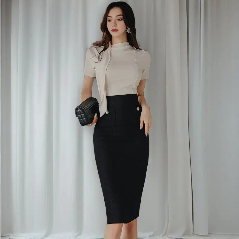 Chic Two Piece Knit Set for Women Stylish Knitted Top and Midi Skirt Elegant Office Lady Outfit