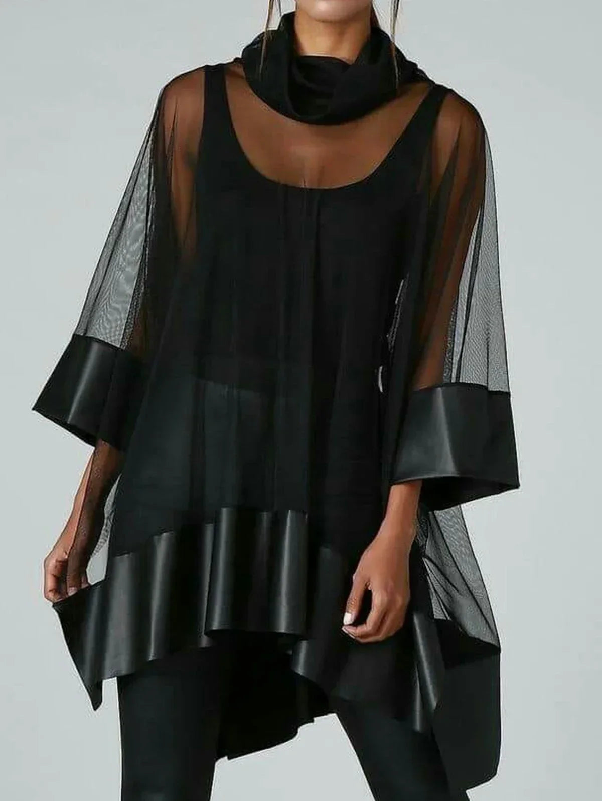 Fashion Cowl Neck Sheer Patchwork 3/4 Sleeve Irregular Hem Tee Top Vintage Harajuku Streetwear Casual Elegant Shirt