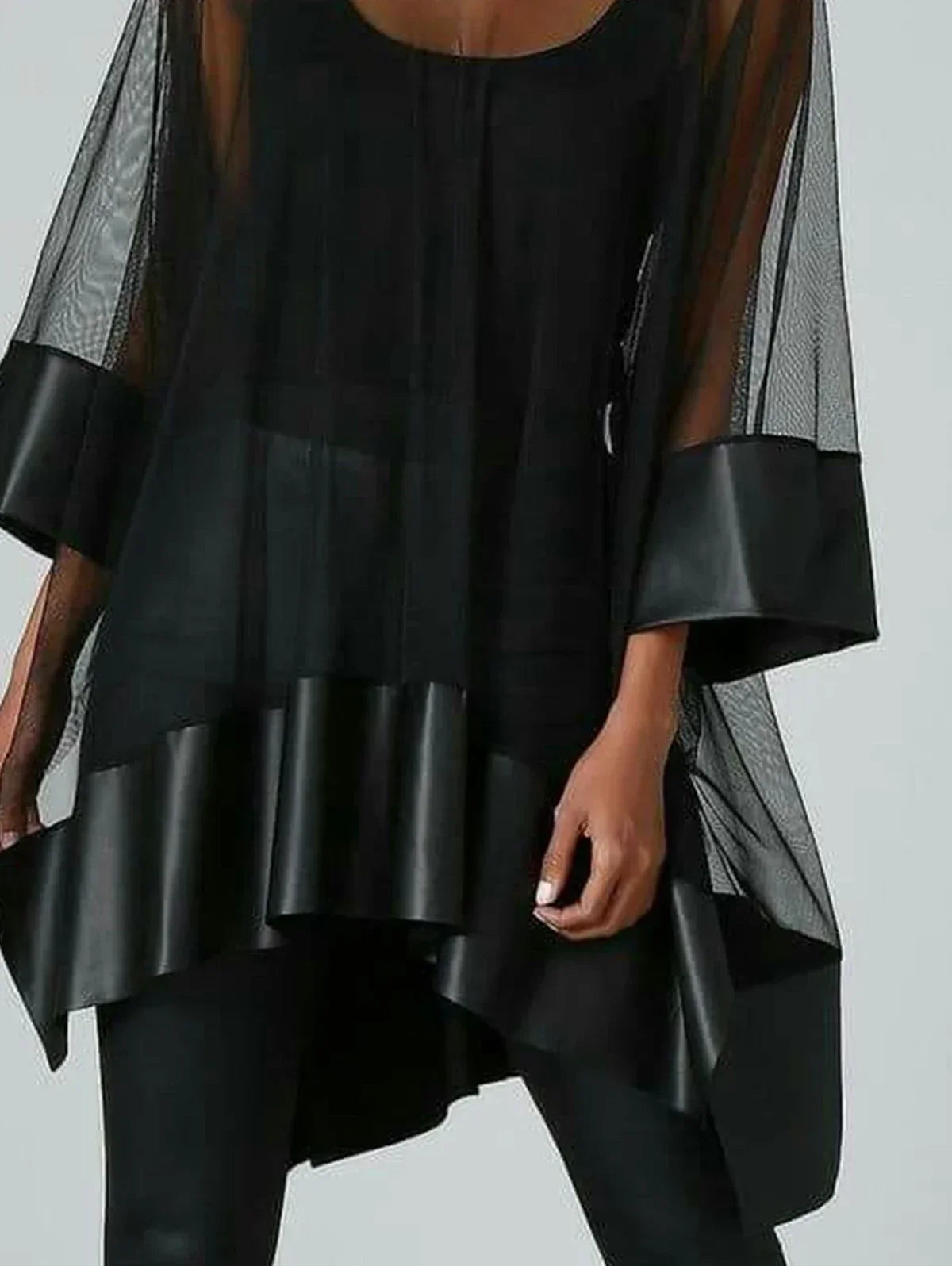 Fashion Cowl Neck Sheer Patchwork 3/4 Sleeve Irregular Hem Tee Top Vintage Harajuku Streetwear Casual Elegant Shirt