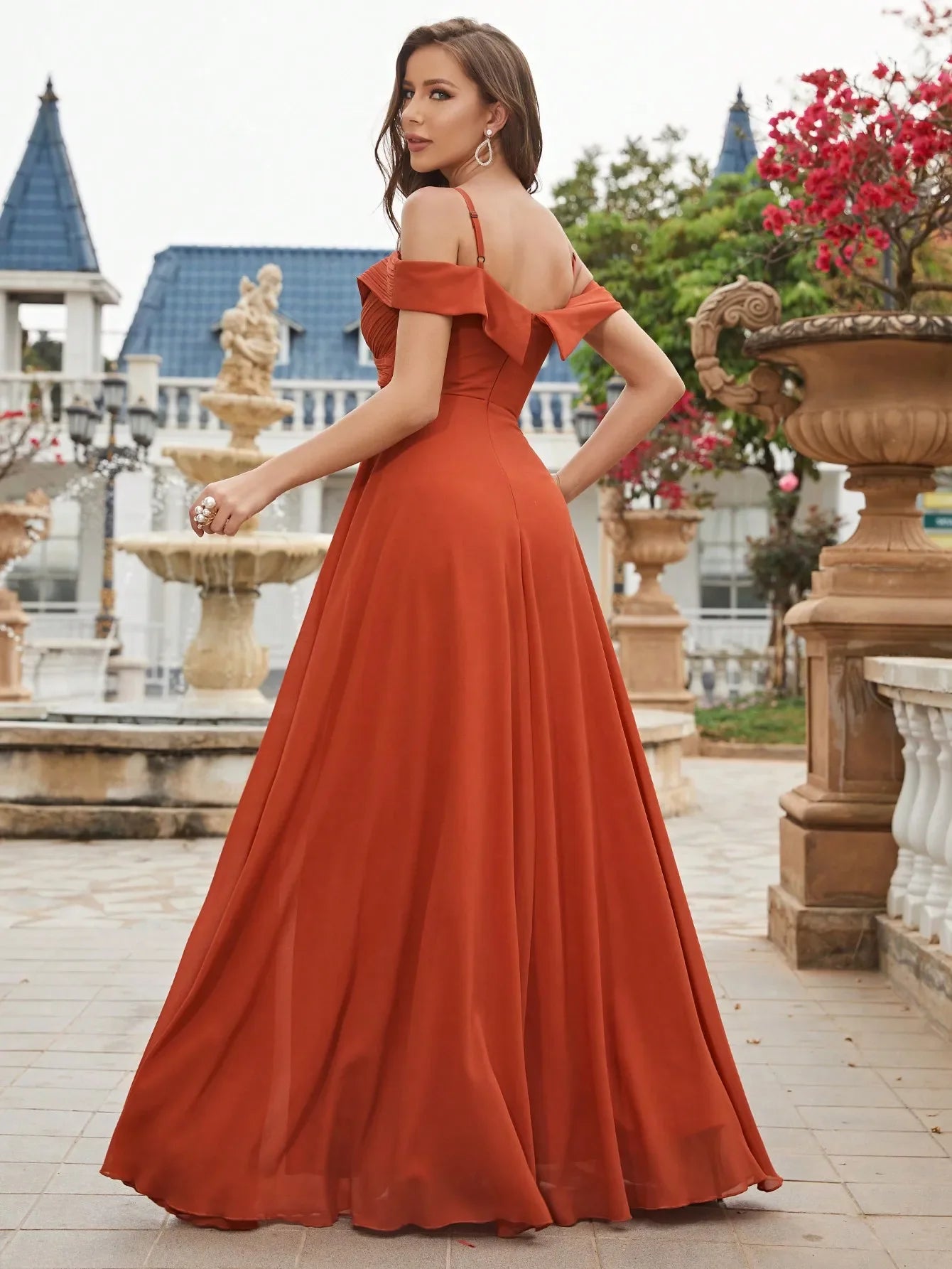 Cold Shoulder Ruched Floor Length Chiffon Bridesmaid Dress with Elegant Draping