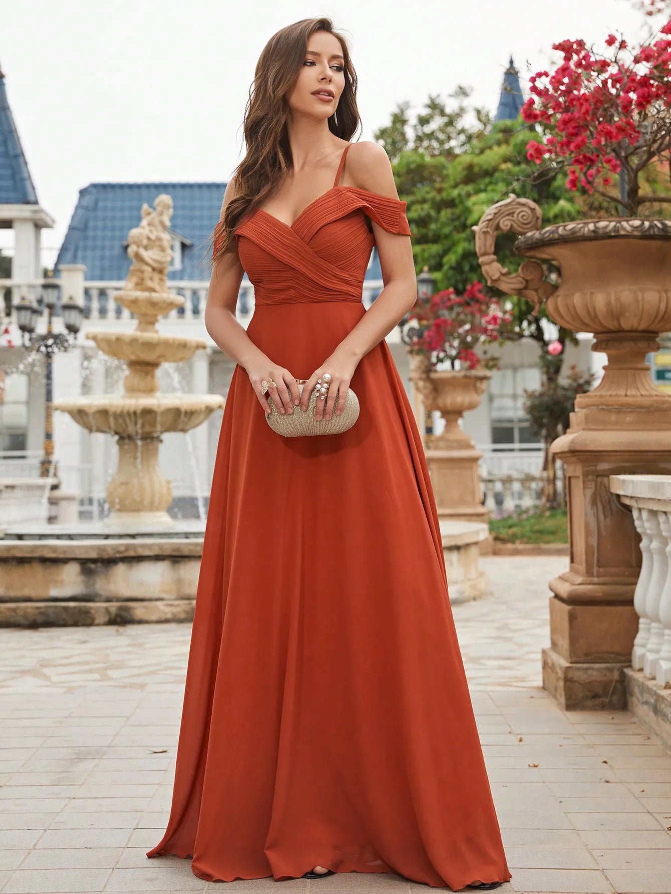 Cold Shoulder Ruched Floor Length Chiffon Bridesmaid Dress with Elegant Draping