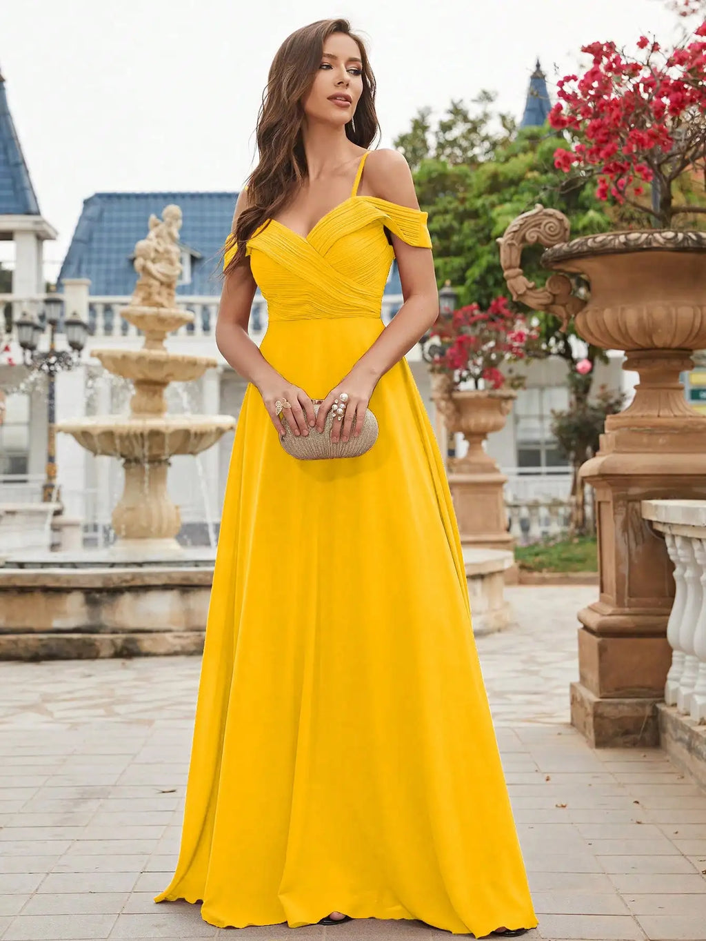 Cold Shoulder Ruched Floor Length Chiffon Bridesmaid Dress with Elegant Draping