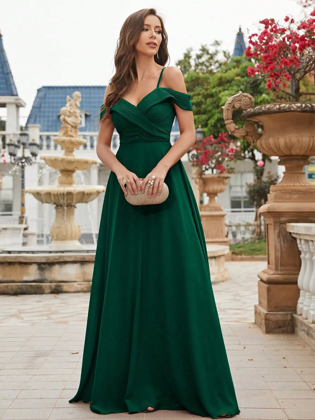 Cold Shoulder Ruched Floor Length Chiffon Bridesmaid Dress with Elegant Draping