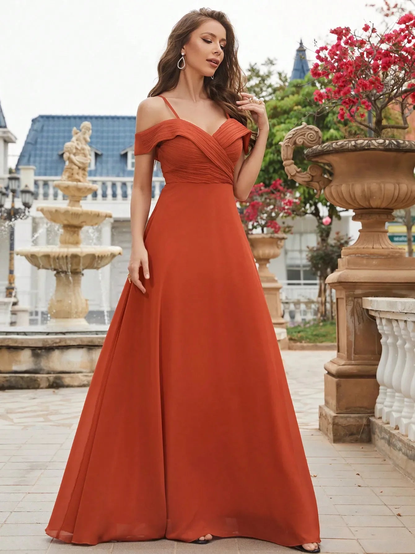 Cold Shoulder Ruched Floor Length Chiffon Bridesmaid Dress with Elegant Draping