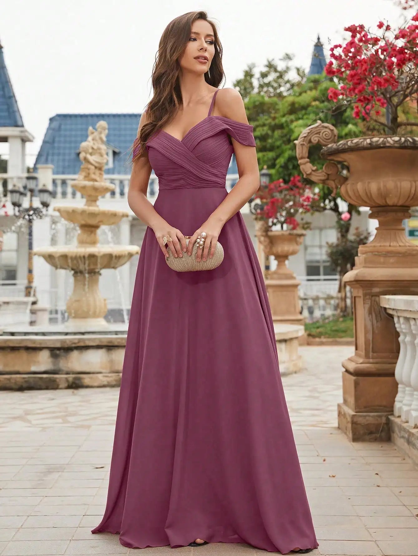 Cold Shoulder Ruched Floor Length Chiffon Bridesmaid Dress with Elegant Draping