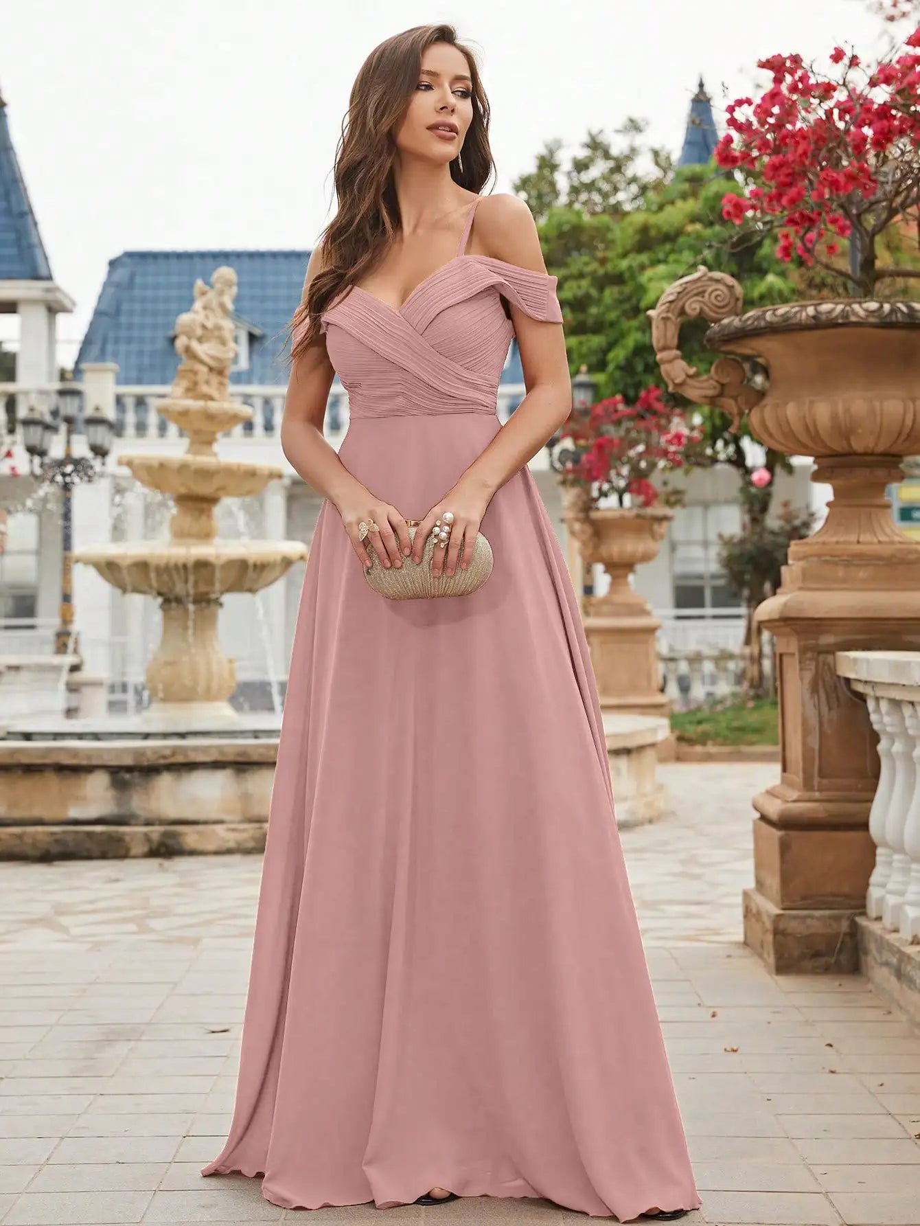 Cold Shoulder Ruched Floor Length Chiffon Bridesmaid Dress with Elegant Draping
