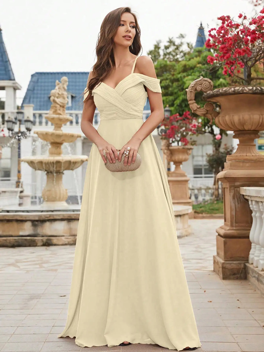 Cold Shoulder Ruched Floor Length Chiffon Bridesmaid Dress with Elegant Draping