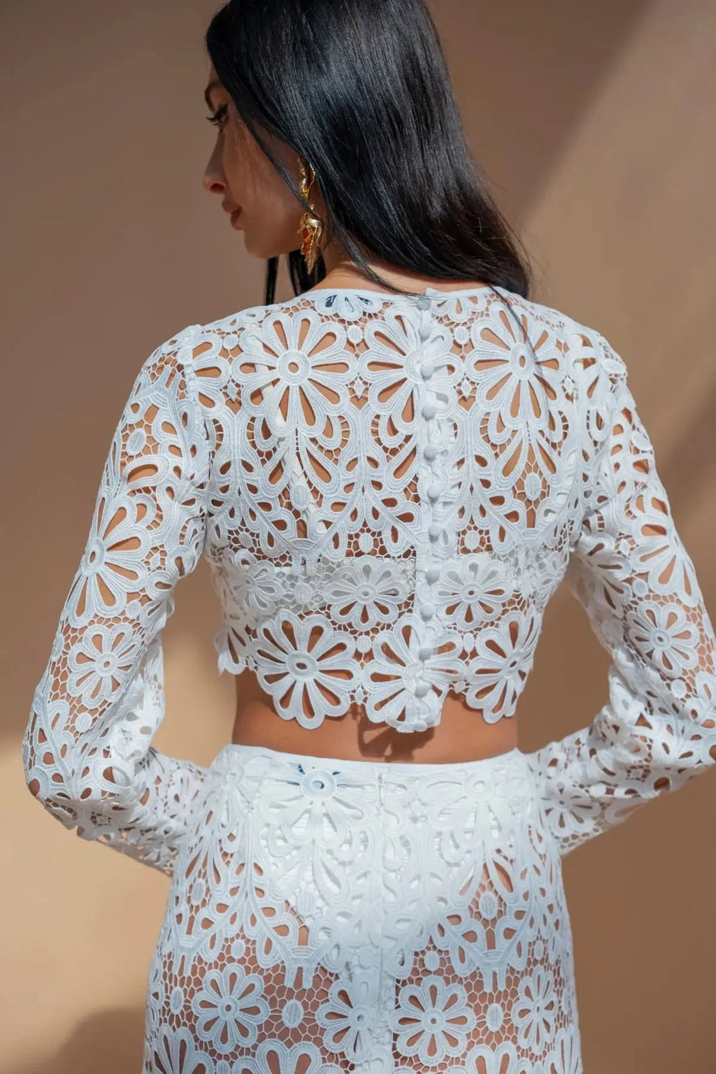 Sexy White Embroidered Two Piece Set Women Long Sleeve Hollow Out Crop Top and Flowing Skirt Summer Beach Holiday Outfit