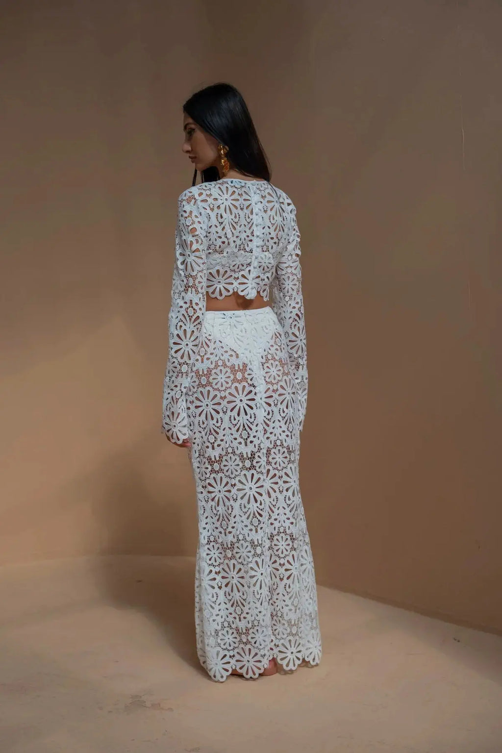 Sexy White Embroidered Two Piece Set Women Long Sleeve Hollow Out Crop Top and Flowing Skirt Summer Beach Holiday Outfit