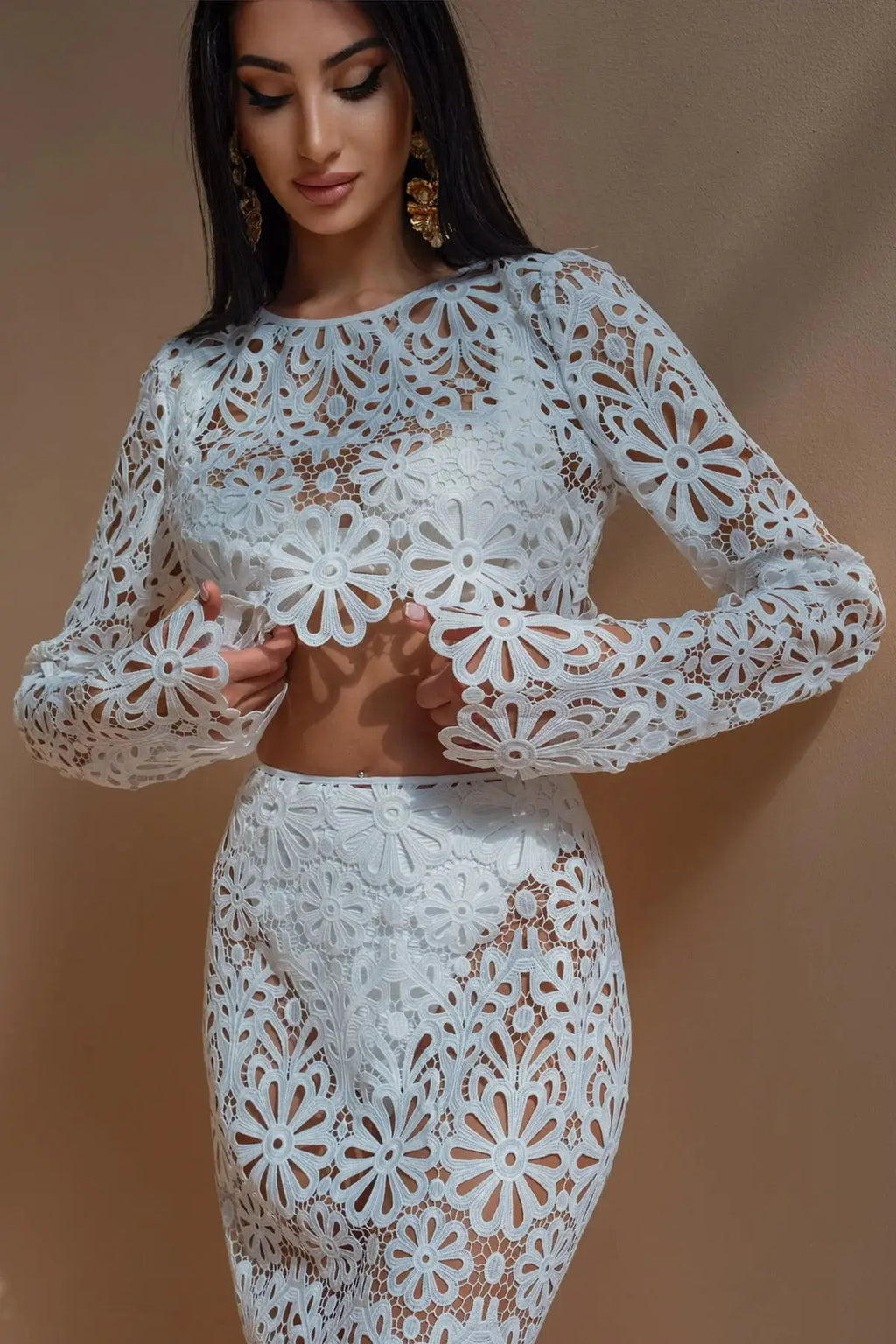 Sexy White Embroidered Two Piece Set Women Long Sleeve Hollow Out Crop Top and Flowing Skirt Summer Beach Holiday Outfit
