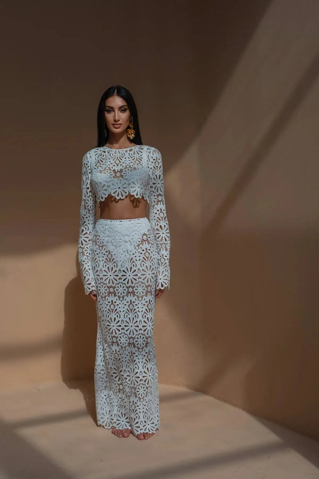 Sexy White Embroidered Two Piece Set Women Long Sleeve Hollow Out Crop Top and Flowing Skirt Summer Beach Holiday Outfit