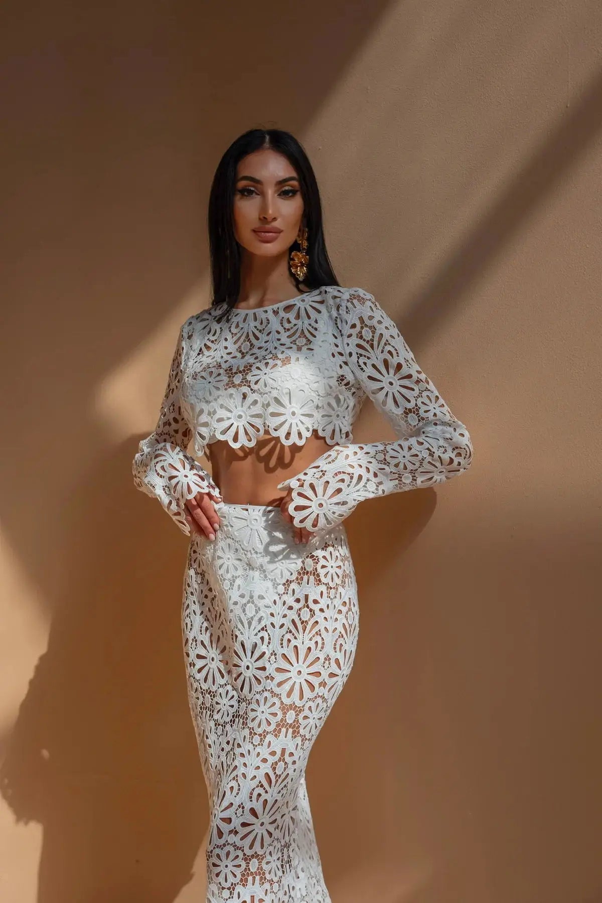 Sexy White Embroidered Two Piece Set Women Long Sleeve Hollow Out Crop Top and Flowing Skirt Summer Beach Holiday Outfit