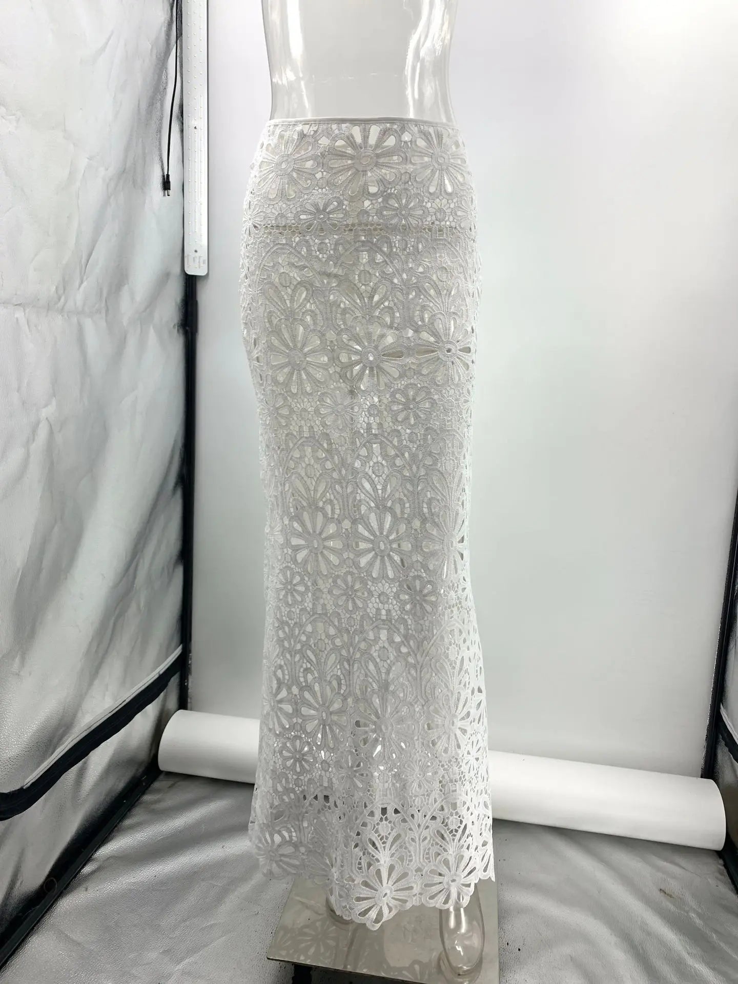 Sexy White Embroidered Two Piece Set Women Long Sleeve Hollow Out Crop Top and Flowing Skirt Summer Beach Holiday Outfit