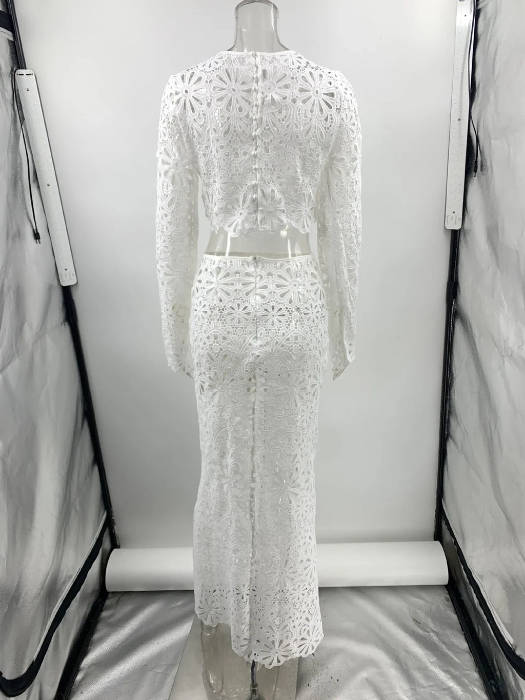 Sexy White Embroidered Two Piece Set Women Long Sleeve Hollow Out Crop Top and Flowing Skirt Summer Beach Holiday Outfit