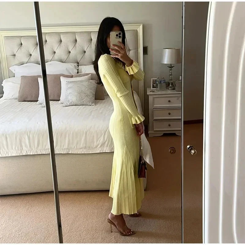 Elegant Winter Knitted Dress for Women with Ruffles and Long Sleeves, Chic Single-Breasted Long Sweater Dress for Party and Casual Wear