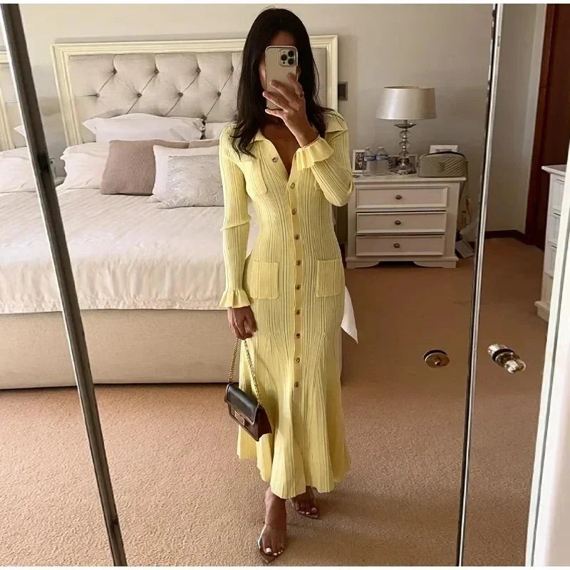 Elegant Winter Knitted Dress for Women with Ruffles and Long Sleeves, Chic Single-Breasted Long Sweater Dress for Party and Casual Wear