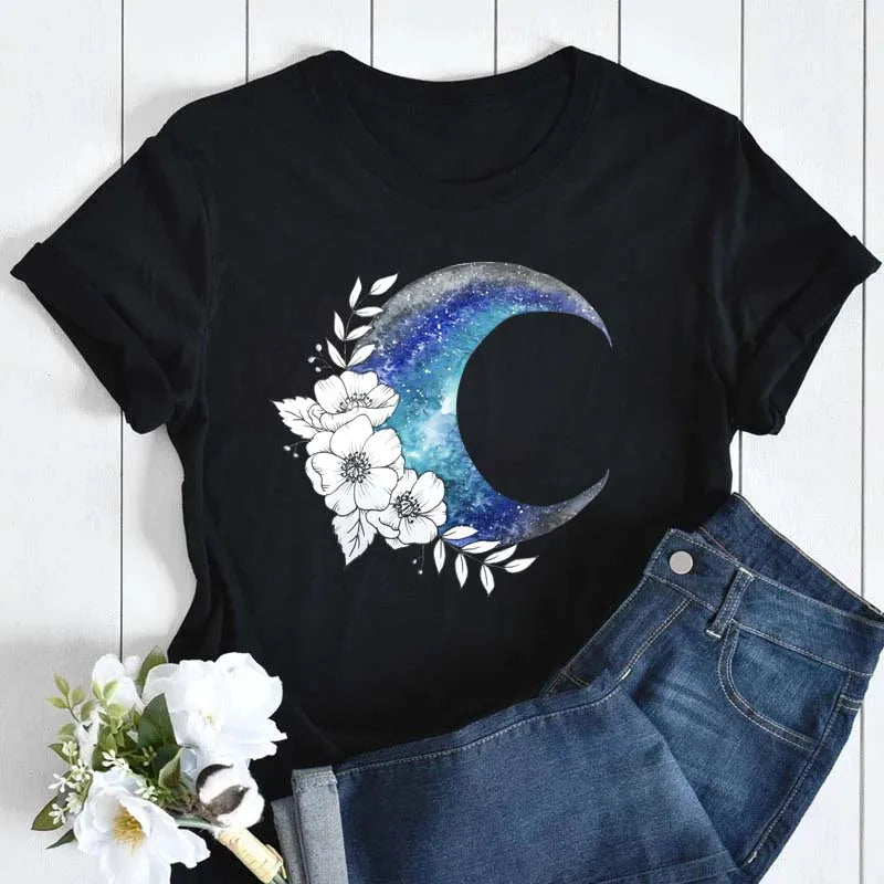 Vintage Moon and Floral Print Women's Casual Short Sleeve T-Shirt Soft Comfortable Cartoon Graphic Tee