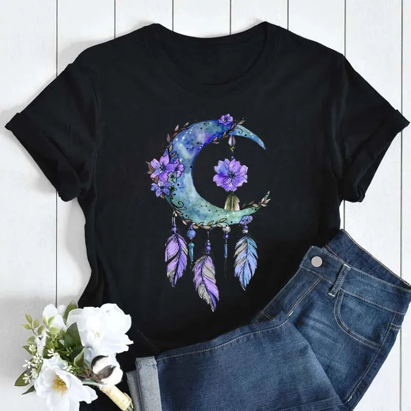 Vintage Moon and Floral Print Women's Casual Short Sleeve T-Shirt Soft Comfortable Cartoon Graphic Tee