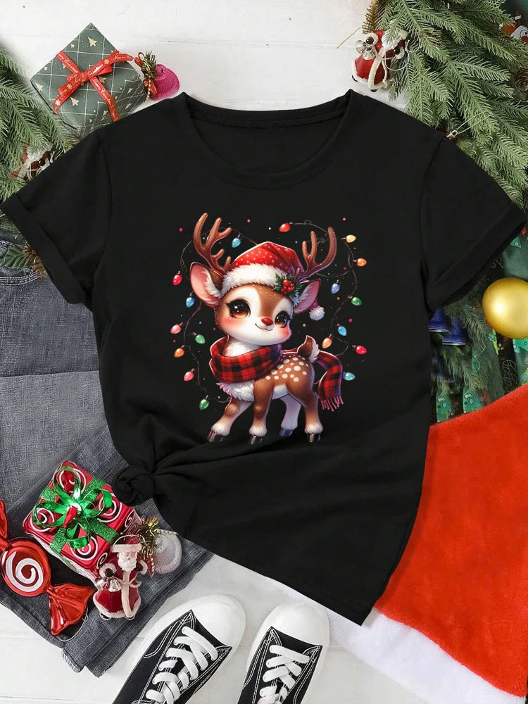 Cute Christmas Elk Print Women's Red T-Shirt Casual Short Sleeve O-Neck Cartoon Graphic Tee Y2K Style