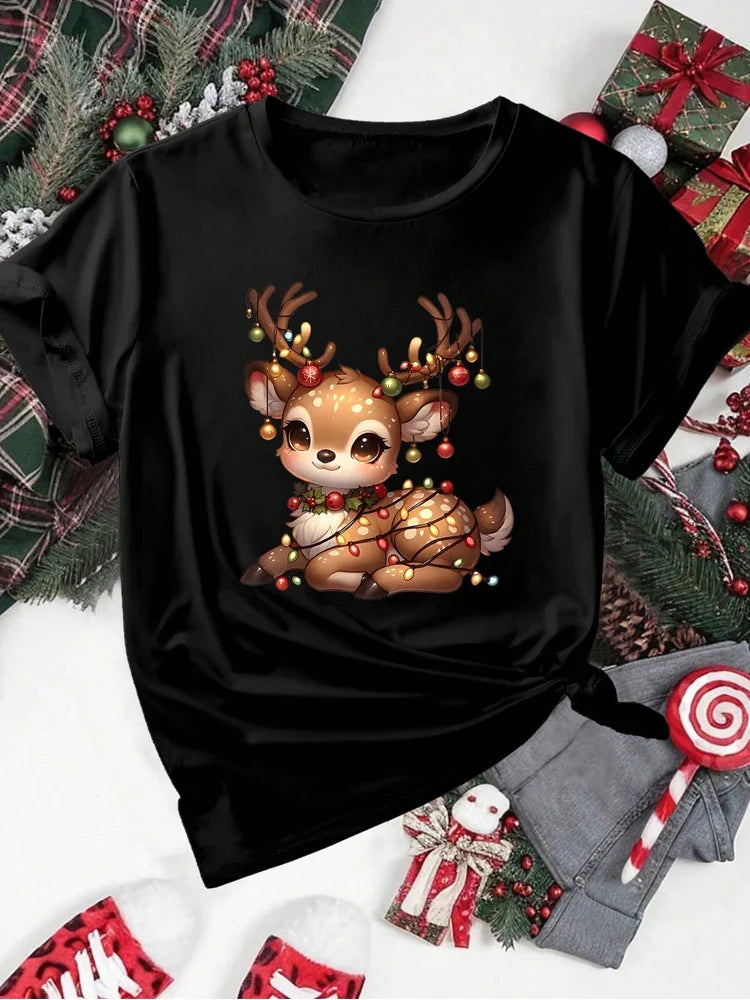 Cute Christmas Elk Print Women's Red T-Shirt Casual Short Sleeve O-Neck Cartoon Graphic Tee Y2K Style
