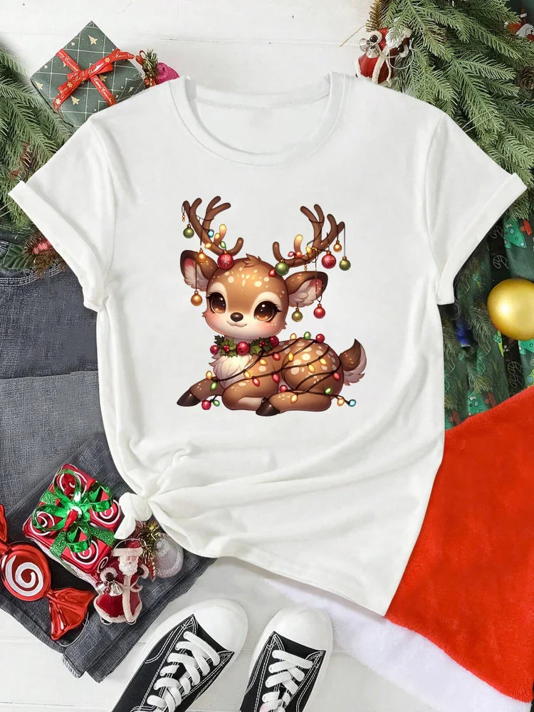 Cute Christmas Elk Print Women's Red T-Shirt Casual Short Sleeve O-Neck Cartoon Graphic Tee Y2K Style
