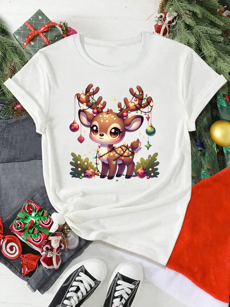 Cute Christmas Elk Print Women's Red T-Shirt Casual Short Sleeve O-Neck Cartoon Graphic Tee Y2K Style