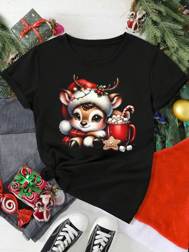 Cute Christmas Elk Print Women's Red T-Shirt Casual Short Sleeve O-Neck Cartoon Graphic Tee Y2K Style