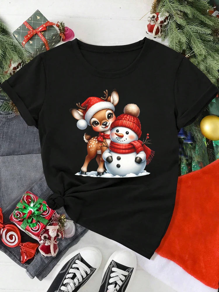 Cute Christmas Elk Print Women's Red T-Shirt Casual Short Sleeve O-Neck Cartoon Graphic Tee Y2K Style