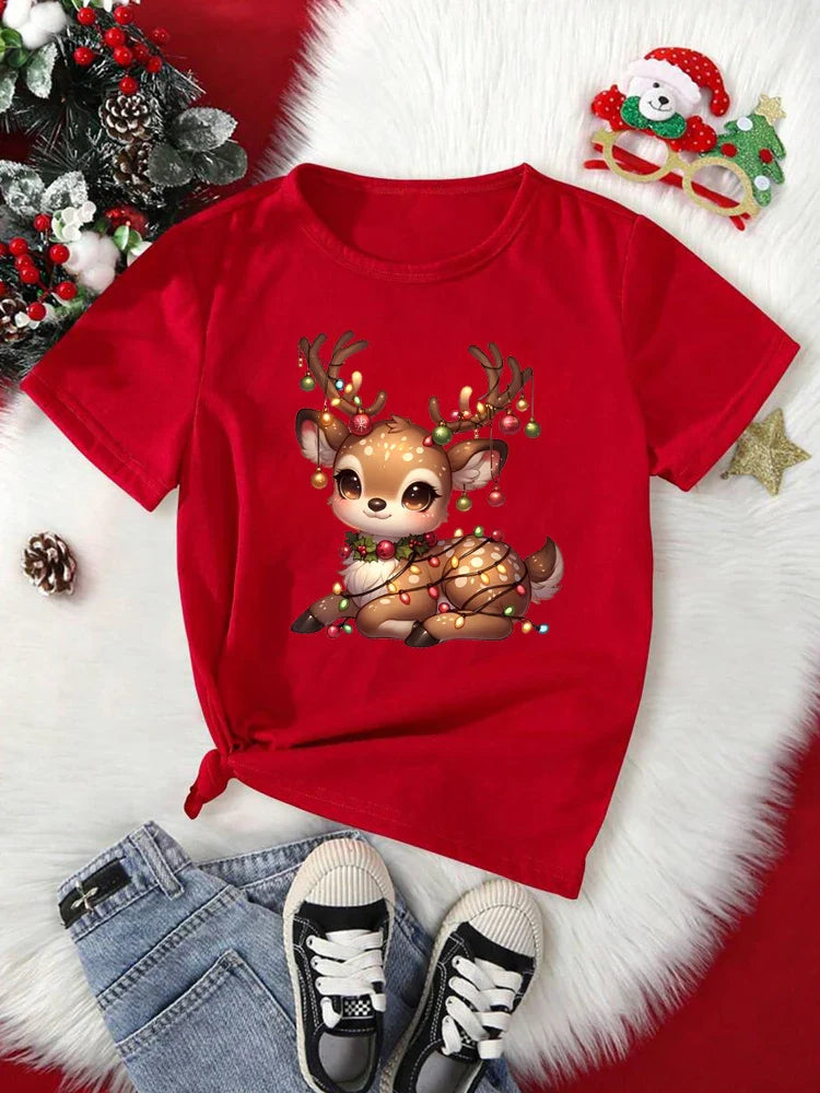 Cute Christmas Elk Print Women's Red T-Shirt Casual Short Sleeve O-Neck Cartoon Graphic Tee Y2K Style