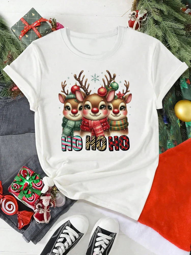 Cute Christmas Elk Print Women's Red T-Shirt Casual Short Sleeve O-Neck Cartoon Graphic Tee Y2K Style
