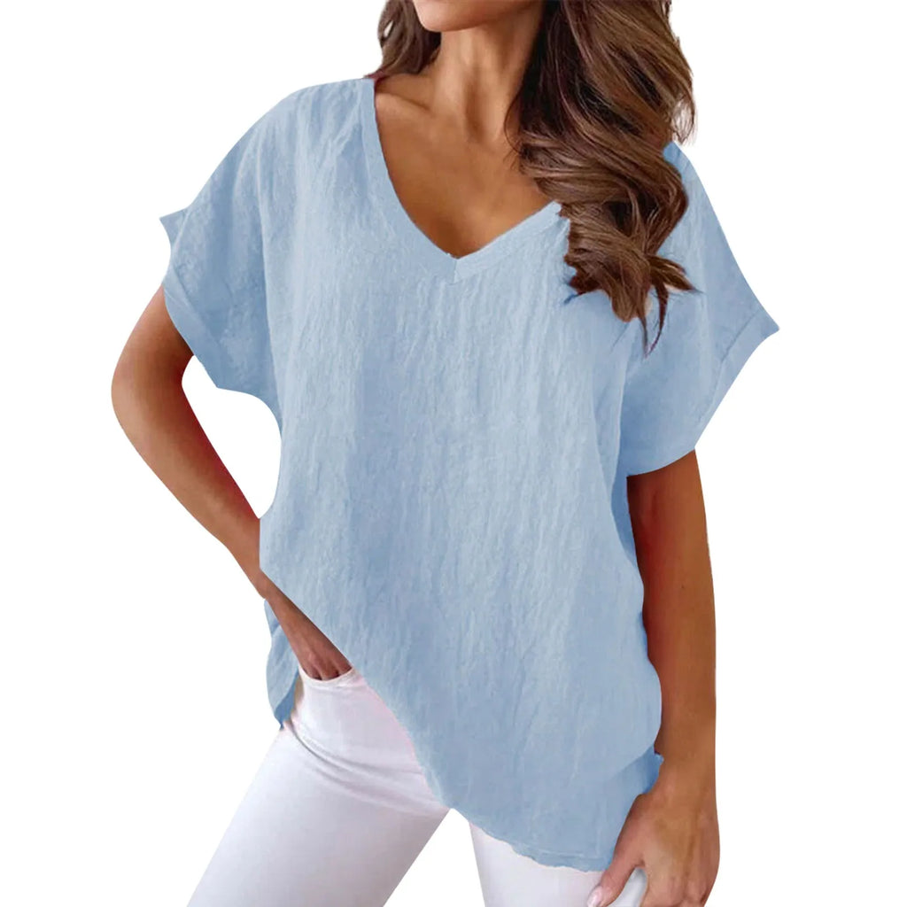 Women's Breathable Cotton Deep V-Neck Solid Color Casual Short Sleeve T-Shirt with Stylish Twist Detail