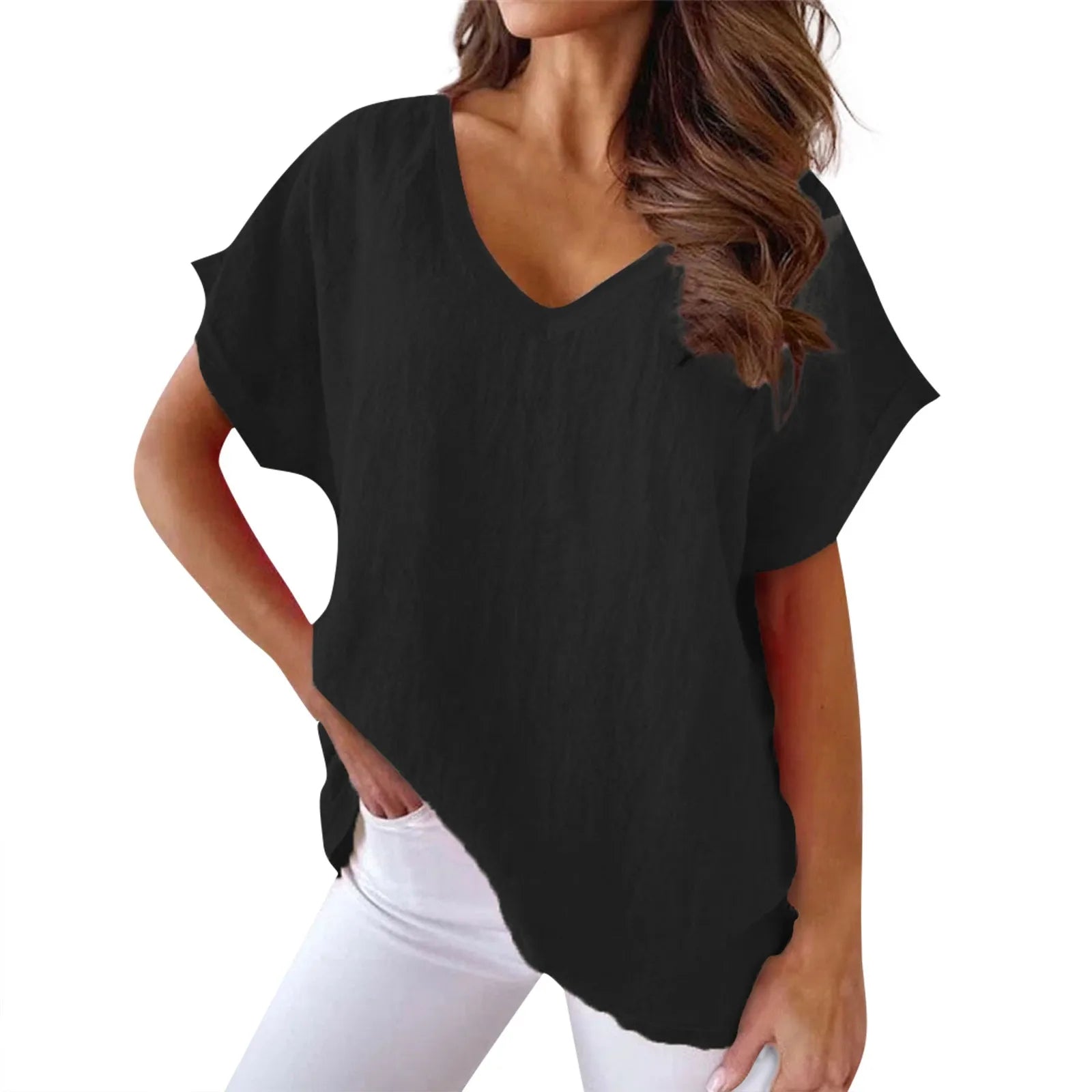Women's Breathable Cotton Deep V-Neck Solid Color Casual Short Sleeve T-Shirt with Stylish Twist Detail