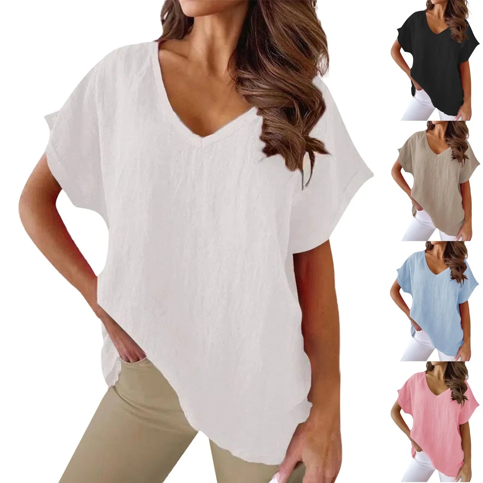 Women's Breathable Cotton Deep V-Neck Solid Color Casual Short Sleeve T-Shirt with Stylish Twist Detail