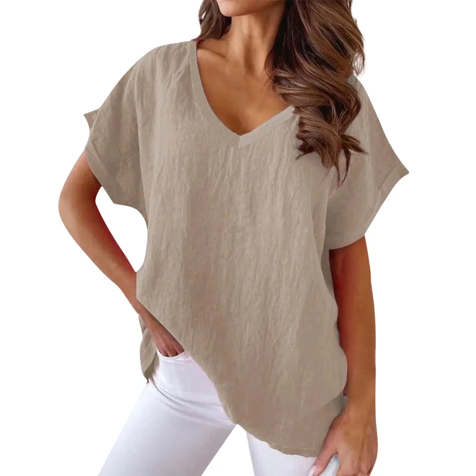 Women's Breathable Cotton Deep V-Neck Solid Color Casual Short Sleeve T-Shirt with Stylish Twist Detail