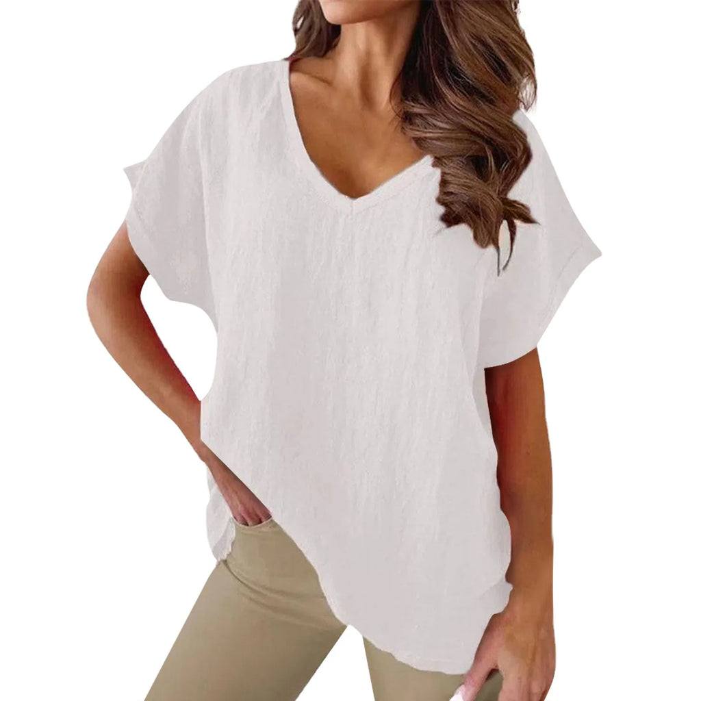 Women's Breathable Cotton Deep V-Neck Solid Color Casual Short Sleeve T-Shirt with Stylish Twist Detail