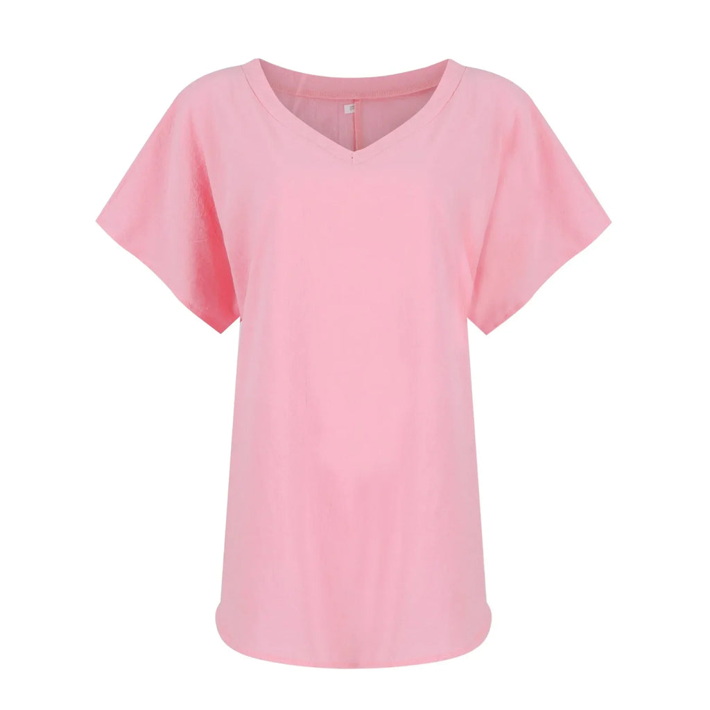 Women's Breathable Cotton Deep V-Neck Solid Color Casual Short Sleeve T-Shirt with Stylish Twist Detail