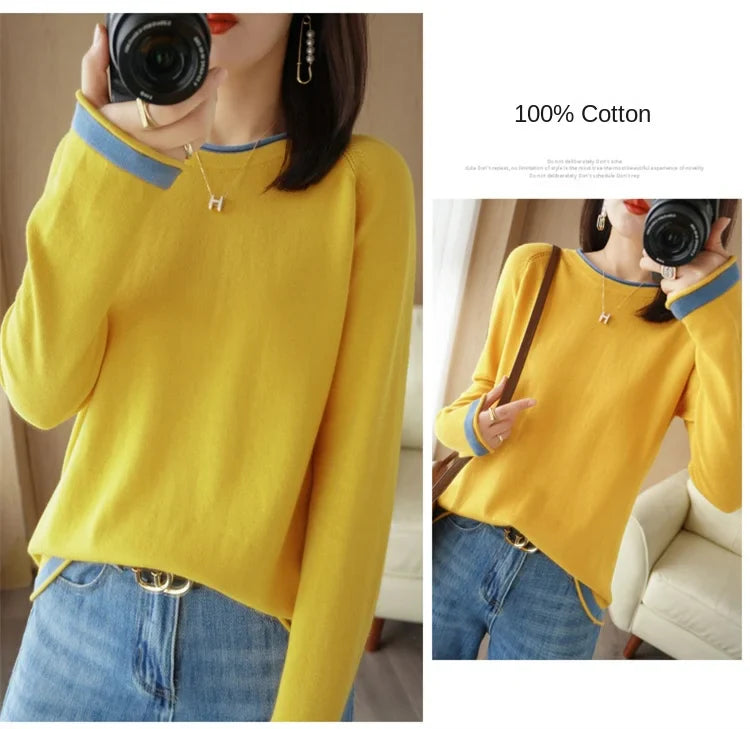 Women's Lightweight Round Neck Cotton T-Shirt Rolled Edge Thin Knit Soft Breathable Base Layer