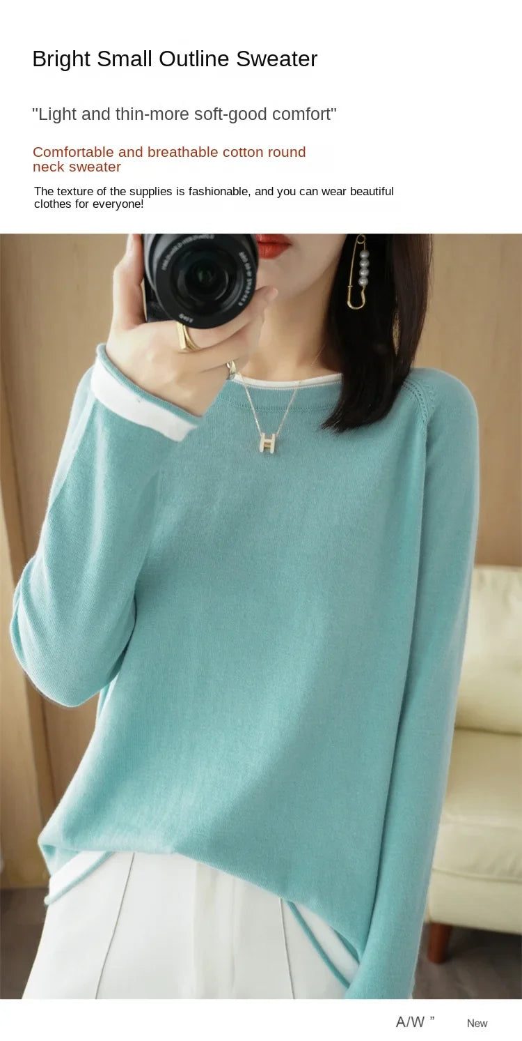 Women's Lightweight Round Neck Cotton T-Shirt Rolled Edge Thin Knit Soft Breathable Base Layer