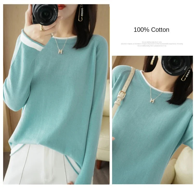 Women's Lightweight Round Neck Cotton T-Shirt Rolled Edge Thin Knit Soft Breathable Base Layer