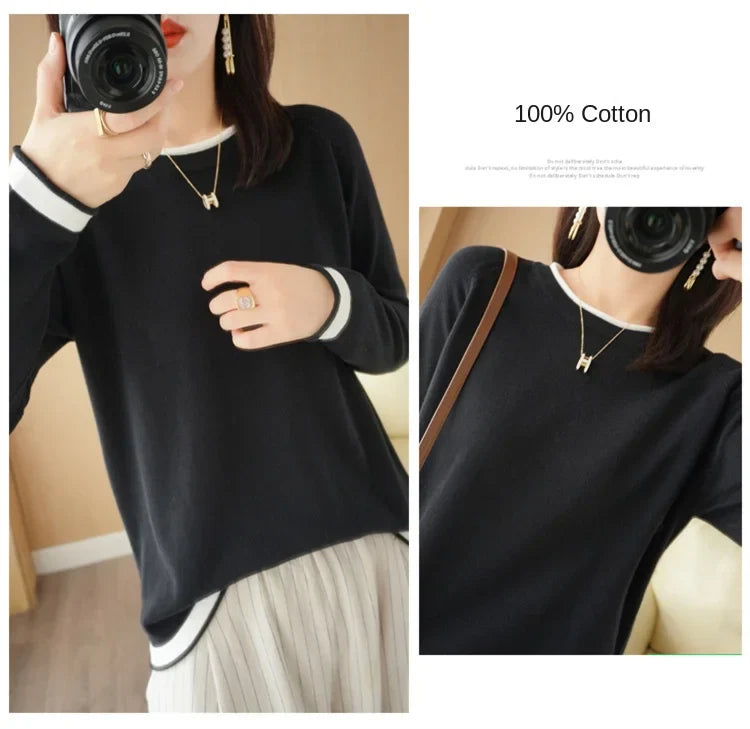 Women's Lightweight Round Neck Cotton T-Shirt Rolled Edge Thin Knit Soft Breathable Base Layer