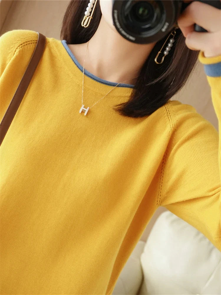 Women's Lightweight Round Neck Cotton T-Shirt Rolled Edge Thin Knit Soft Breathable Base Layer