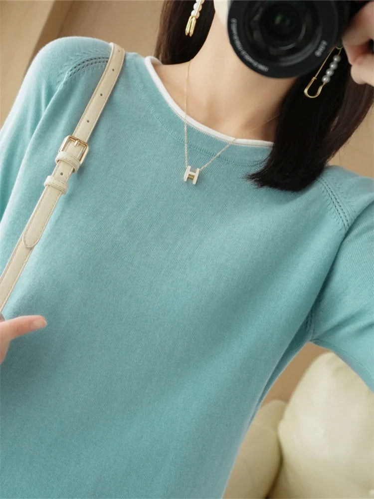 Women's Lightweight Round Neck Cotton T-Shirt Rolled Edge Thin Knit Soft Breathable Base Layer