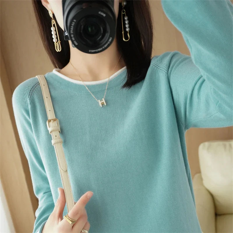 Women's Lightweight Round Neck Cotton T-Shirt Rolled Edge Thin Knit Soft Breathable Base Layer