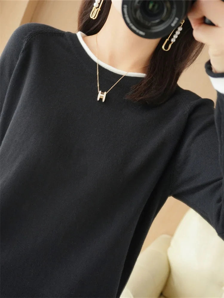 Women's Lightweight Round Neck Cotton T-Shirt Rolled Edge Thin Knit Soft Breathable Base Layer