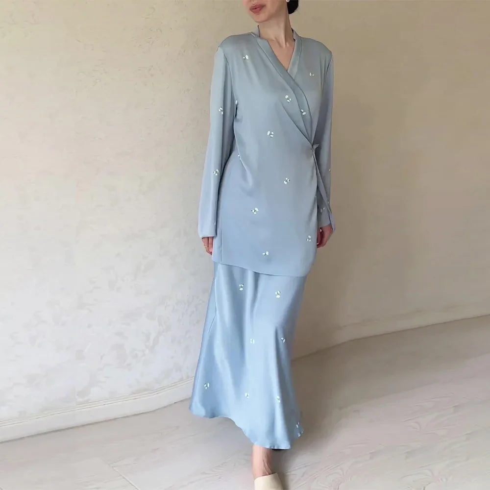 Satin Elegant Printed Blouse and Skirt Suit for Women V Neck Long Sleeve Two Piece Set Spring Workwear Ensemble