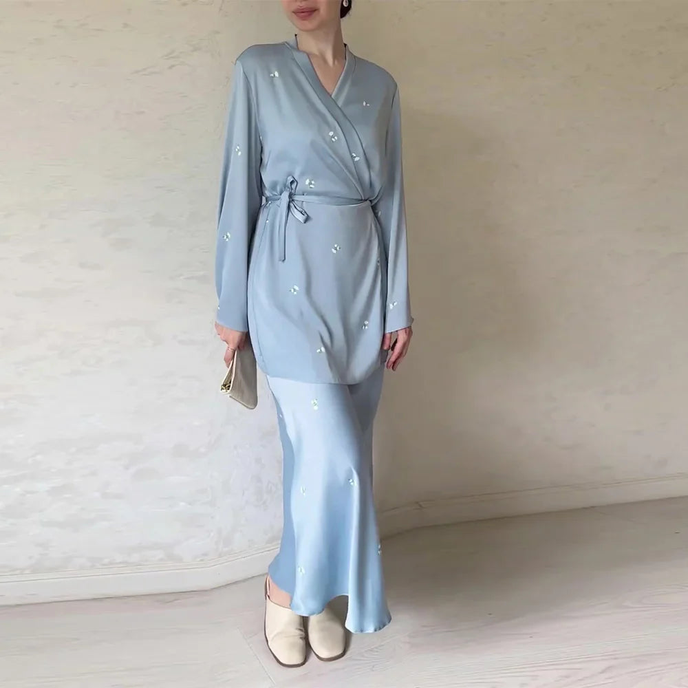 Satin Elegant Printed Blouse and Skirt Suit for Women V Neck Long Sleeve Two Piece Set Spring Workwear Ensemble