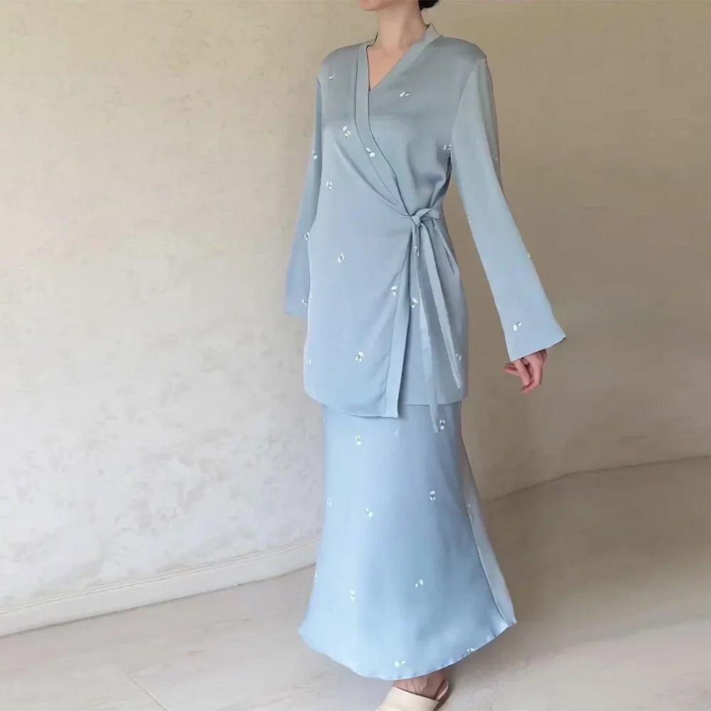 Satin Elegant Printed Blouse and Skirt Suit for Women V Neck Long Sleeve Two Piece Set Spring Workwear Ensemble