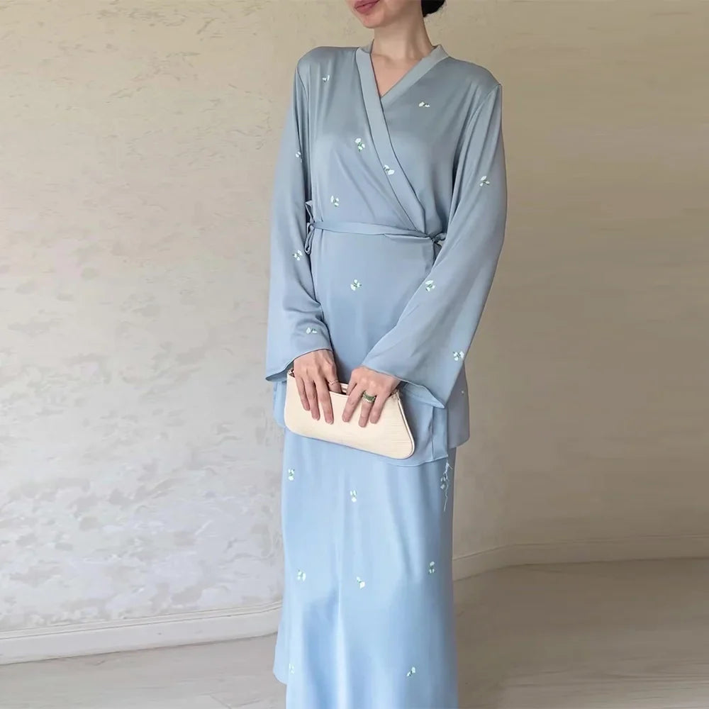 Satin Elegant Printed Blouse and Skirt Suit for Women V Neck Long Sleeve Two Piece Set Spring Workwear Ensemble