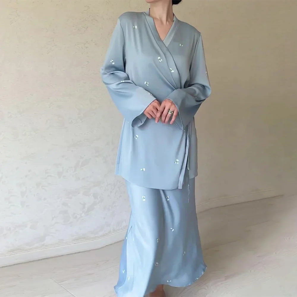 Satin Elegant Printed Blouse and Skirt Suit for Women V Neck Long Sleeve Two Piece Set Spring Workwear Ensemble