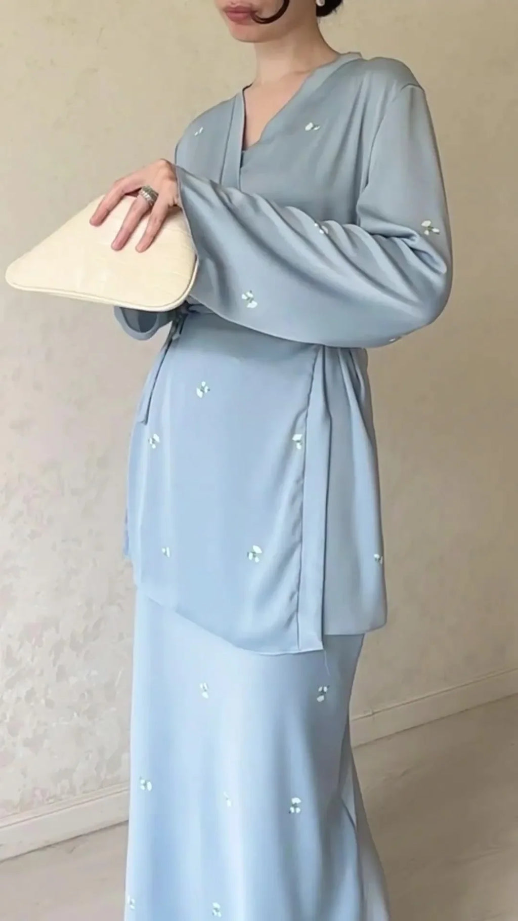 Satin Elegant Printed Blouse and Skirt Suit for Women V Neck Long Sleeve Two Piece Set Spring Workwear Ensemble